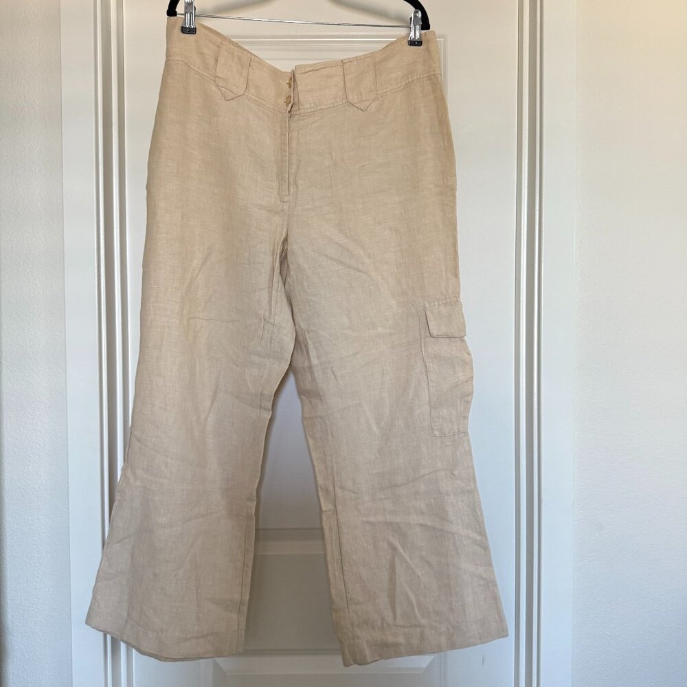 Vintage 100% linen trousers 16 straight leg pants cargo khaki beige quiet luxury
